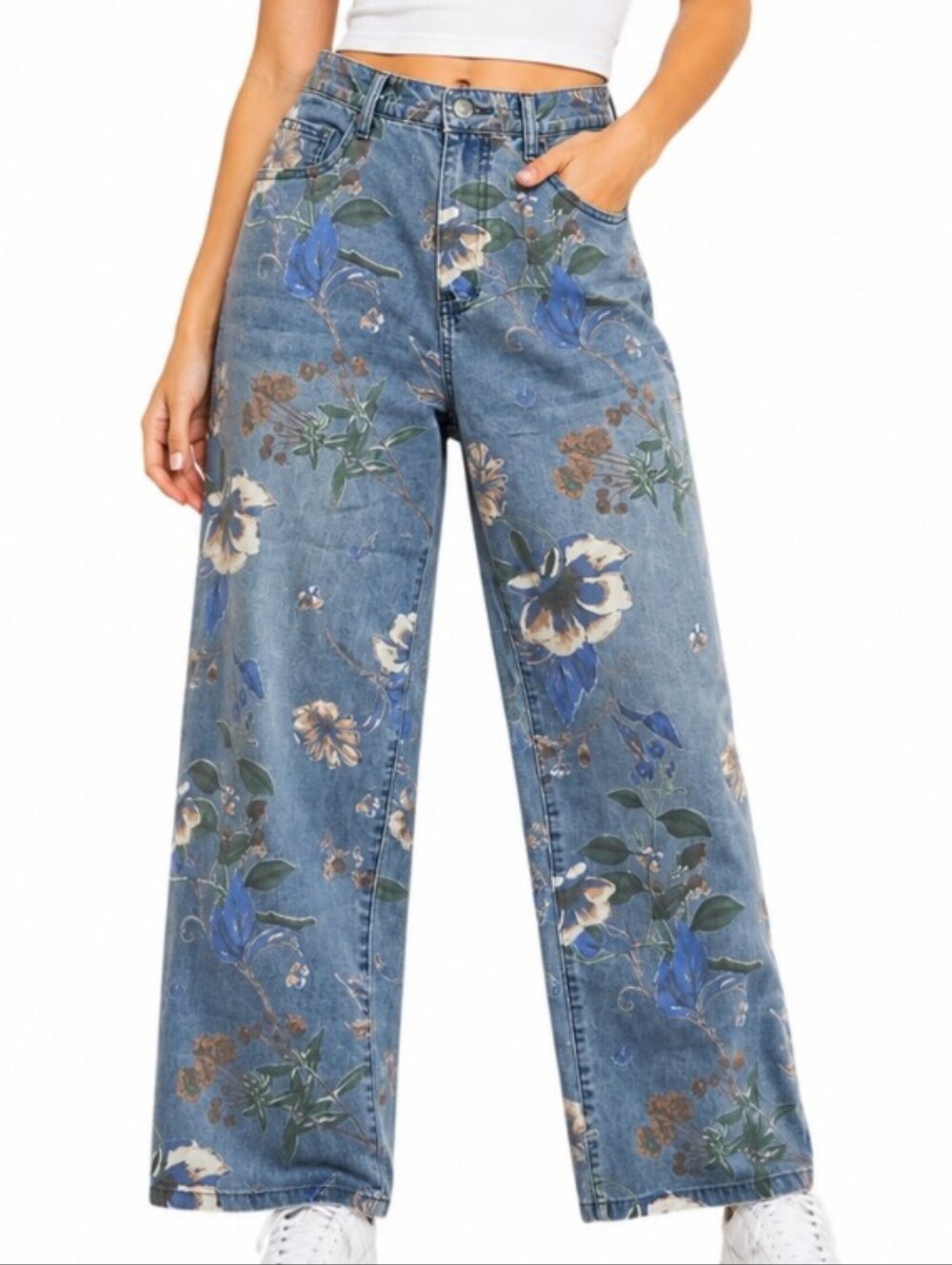 Blue Floral Wide Leg Jeans NWT Large Run Small Fits A  Medium